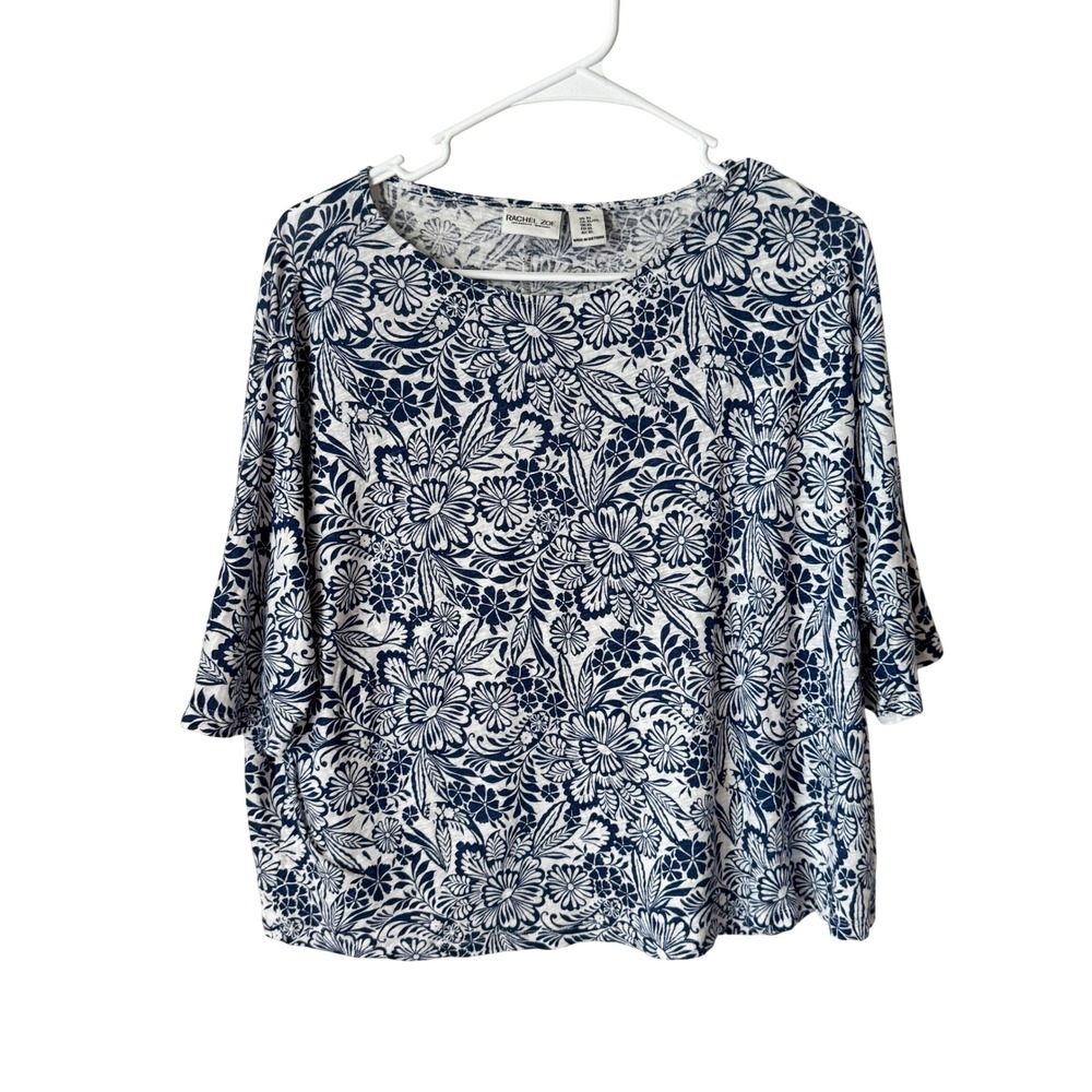 Rachel Zoe Womens XL Navy Blue White Floral Linen Blend Elbow Sleeve Top
